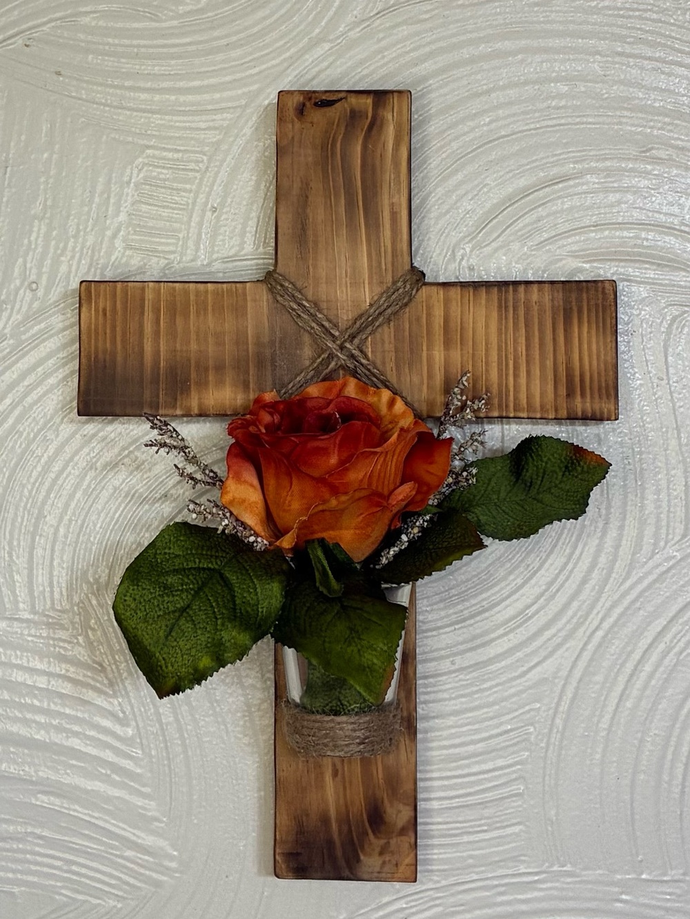 Handcrafted Wooden Wall Cross with Orange Rose Faux Floral Accent